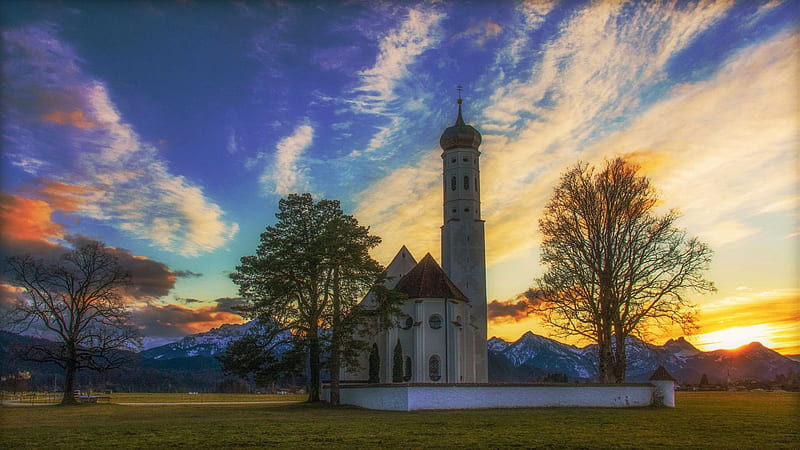 St Coloman Church, Bavarian Alps, germany, clouds, landscape, trees, colors, sky, mountains, sunset, HD wallpaper