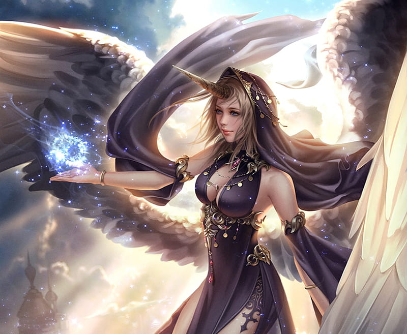 Saintess Unir, wings, luminos, angel, fantasy, zolaida, girl, purple, feather, unicorn lady, HD wallpaper