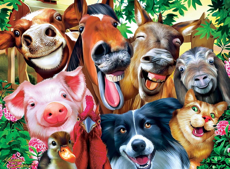 Barnyard Selfie, humor, cow, pig, selfie, funny, puzzle, horse, pink,  animals, HD wallpaper | Peakpx