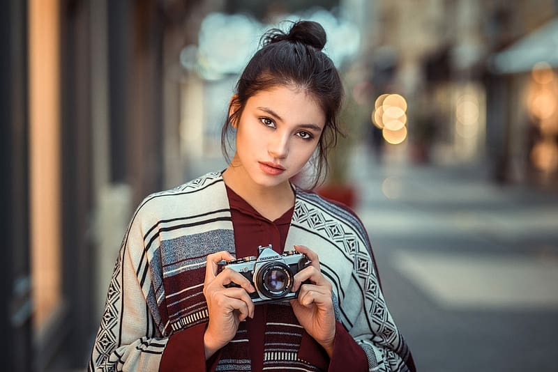 Camera, Model, Women, Brown Eyes, Black Hair, Depth Of Field, Olympus ...