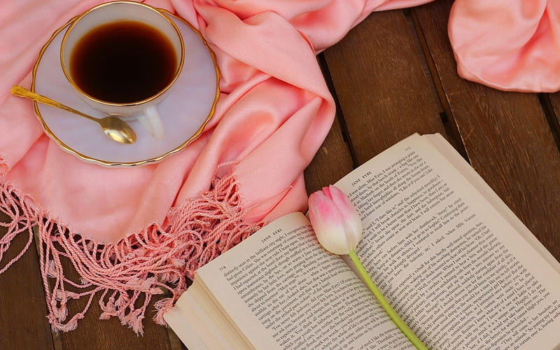 Still life, kniga, napitka, book, coffee, cup, flower, scarf, drink, pink, tulip, HD wallpaper