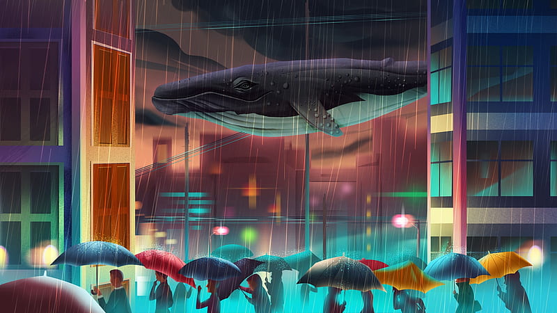 Rainy day, luminos, whale, people, umbrella, rain, ahmet iltas, art, orange, city, fantasy, blue, HD wallpaper