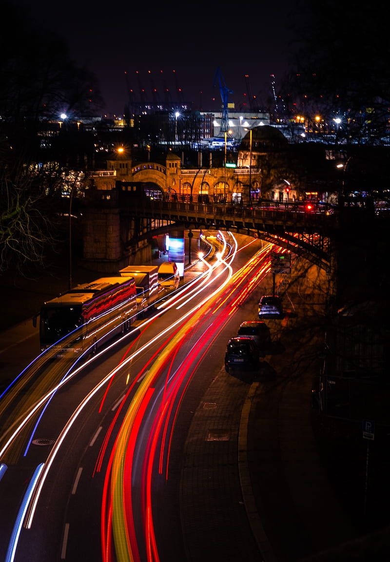 night city, street, aerial view, lights, long exposure, HD phone wallpaper