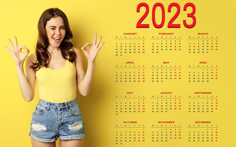 2023 Calendar, model, calendar, shorts, brunette, 2023, HD wallpaper