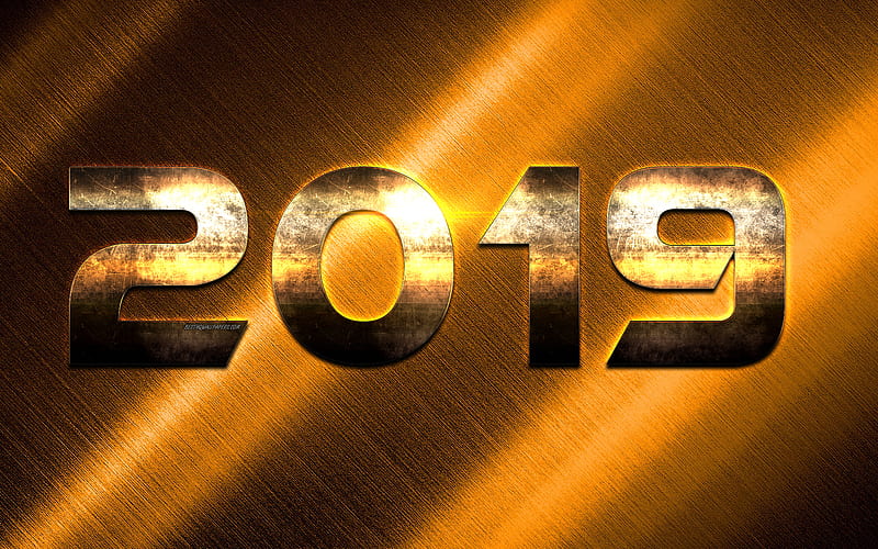 2019 year, golden digits, golden metal background, creative art, 2019 concepts, New Year, HD wallpaper