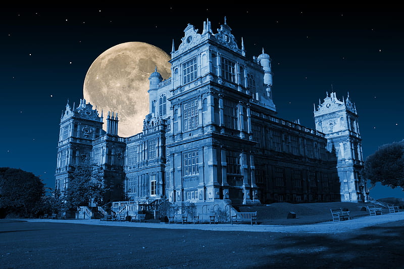 Blue in the Moon, architecture, hall, england, creepy, moon, spooky, wollaton, nottingham, blue, night, HD wallpaper