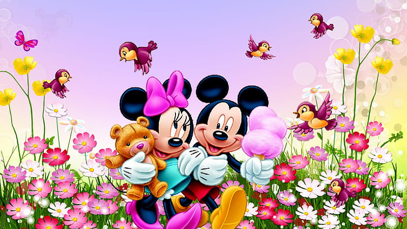 Mikey and Minnie Summer Fun, animated, flowers, birds, summer, Mickey Mouse,  HD wallpaper | Peakpx
