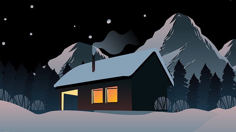 Snowy House In Mountains , house, mountains, artist, artwork, digital-art, illustration, HD wallpaper