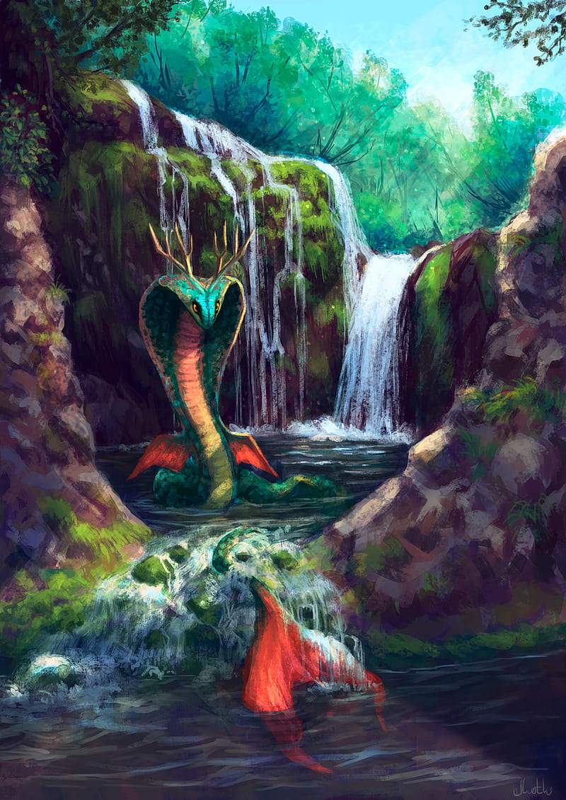 serpent, waterfall, art, creature, fantasy, HD phone wallpaper
