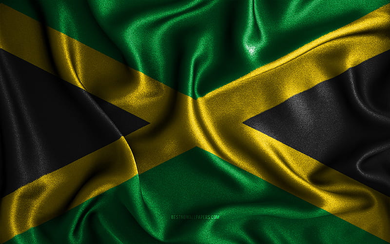 Jamaican flag silk wavy flags, North American countries, national symbols, Flag of Jamaica, fabric flags, Jamaica flag, 3D art, Jamaica, North America, Jamaica 3D flag, HD wallpaper