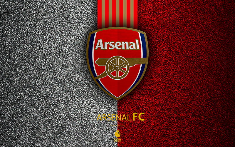 Arsenal, FC English football club, leather texture, Premier League, logo, emblem, London, England, UK, football, HD wallpaper