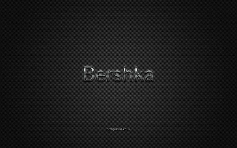 Bershka logo, metal emblem, apparel brand, black carbon texture, global ...