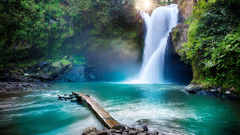Beautiful Waterfall Between Rocks Pouring On River In Sunbeam Background Nature, HD wallpaper