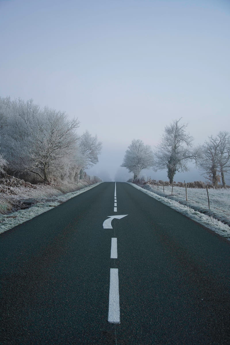 road, fog, asphalt, arrow, frost, marking, HD phone wallpaper