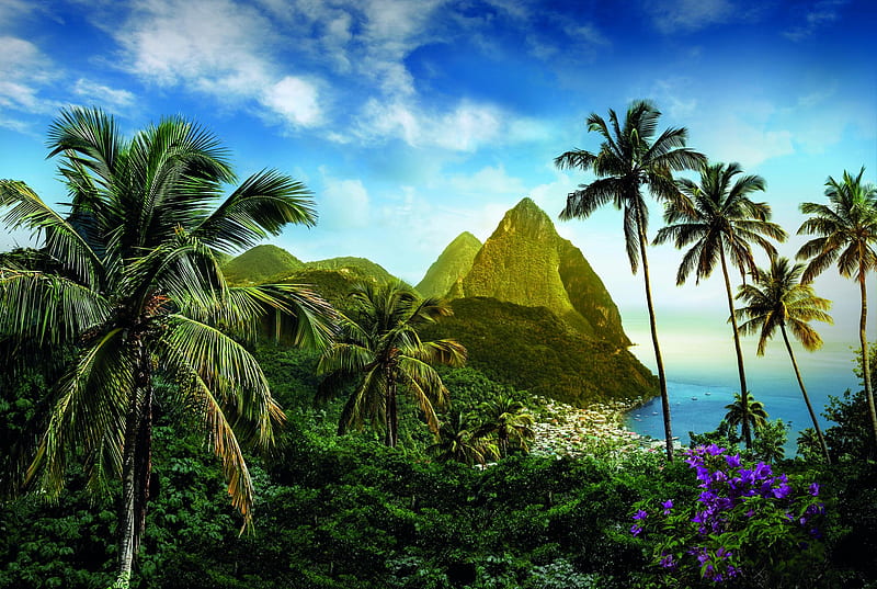 The Pitons, St. Lucia Island, Caribbean, rocks, palmtrees, clouds, sky, sea, HD wallpaper