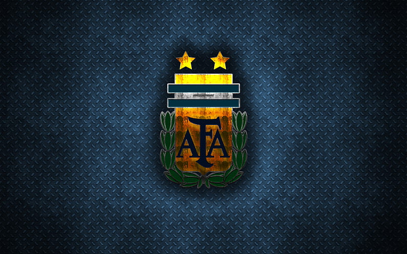 Argentina national football team metal logo, creative art, steel emblem, blue metal background, Argentina, football, HD wallpaper