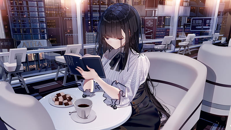 gothic anime girl, cafe shop, dessert, black hair, lolita fashion, Anime, HD wallpaper