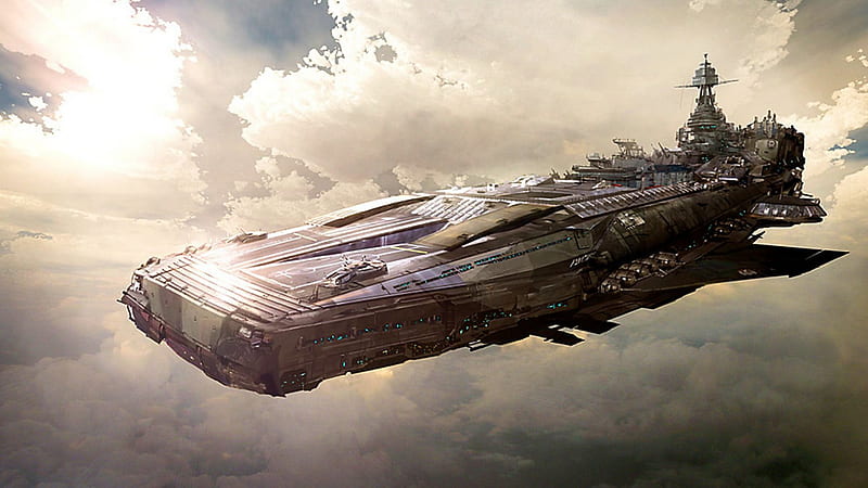 Sci-fi Art Battleship, art, battle, ship, flying, clouds, HD wallpaper