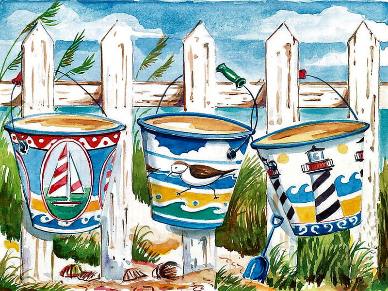 Bucket Brigade, art, shore, bonito, illustration, artwork, beach, sand, painting, wide screen, scenery, HD wallpaper