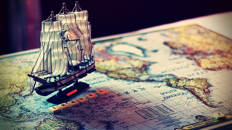 Travel Plans, boat, ship, tall ship, sailboat, map, HD wallpaper