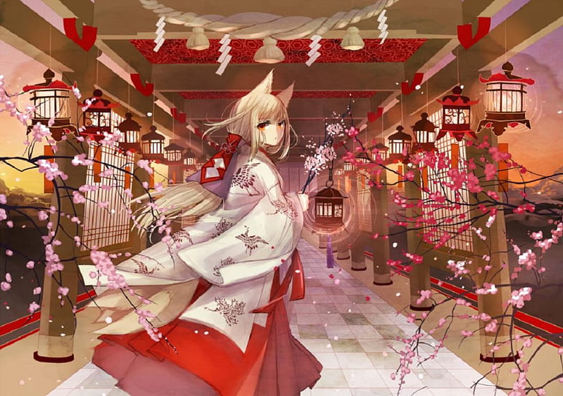 Miko, sakura, japanese, kitsune, neko, japan, girl, shrine, temple, orginal, HD wallpaper