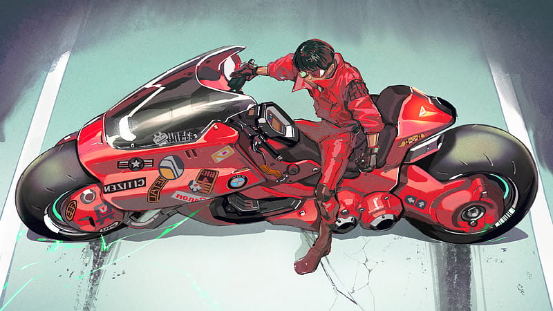 Lexica  Man on a futuristic motorcycle in anime akira style in a cyberpunk  city motorcycle with three headlights retro anime