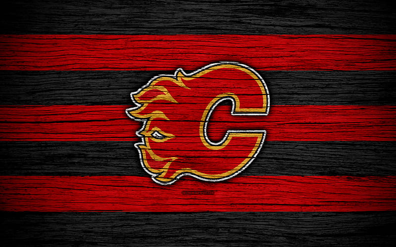 Calgary Flames NHL, hockey club, Western Conference, USA, logo, wooden texture, hockey, Pacific Division, HD wallpaper