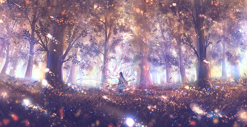 Magical forest, forest, tree, bou nin, purple, girl, anime, magical, manga, HD wallpaper