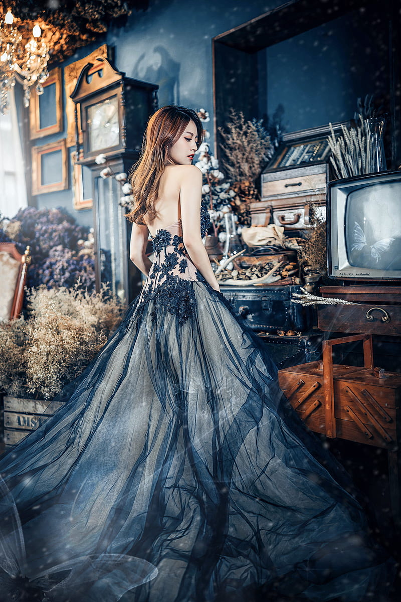 dress, TV, plants, Asian, women, model, women indoors, Mimi Peng, HD phone wallpaper