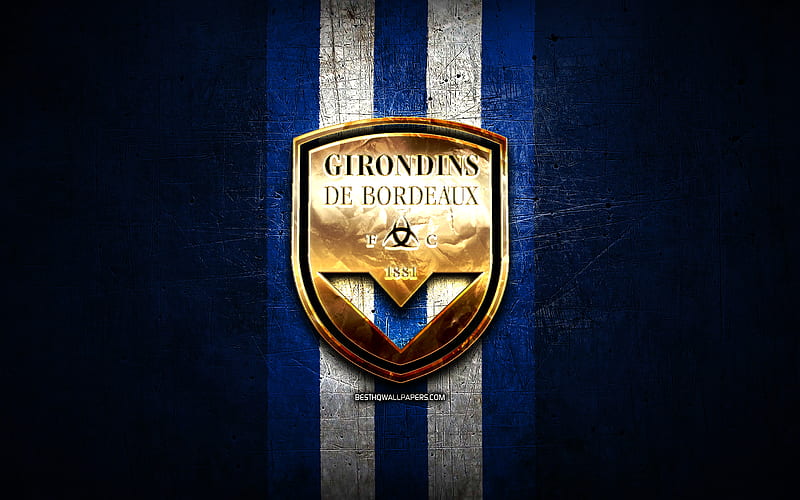 FC Girondins de Bordeaux, golden logo, Ligue 1, blue metal background, football, Girondins de Bordeaux, french football club, Girondins de Bordeaux logo, soccer, France, HD wallpaper