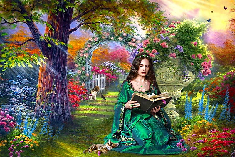 Girl reading in the Garden, pretty, fine, book, bonito, woman, fantasy, nice, flowers, beauty, art, female, lovely, reading, girl, digital, garden, lady, HD wallpaper