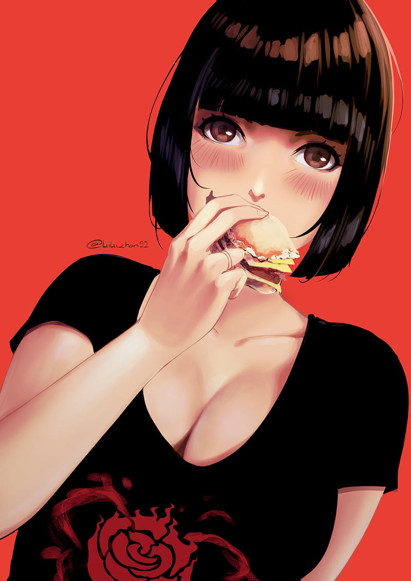 Lulu Chan, women, anime girls, anime, original characters, black hair, bangs, looking at viewer, blushing, eating, T-shirt, cleavage, red background, simple background, portrait display, vertical, 2D, illustration, digital art, drawing, artwork, clavicles, HD phone wallpaper