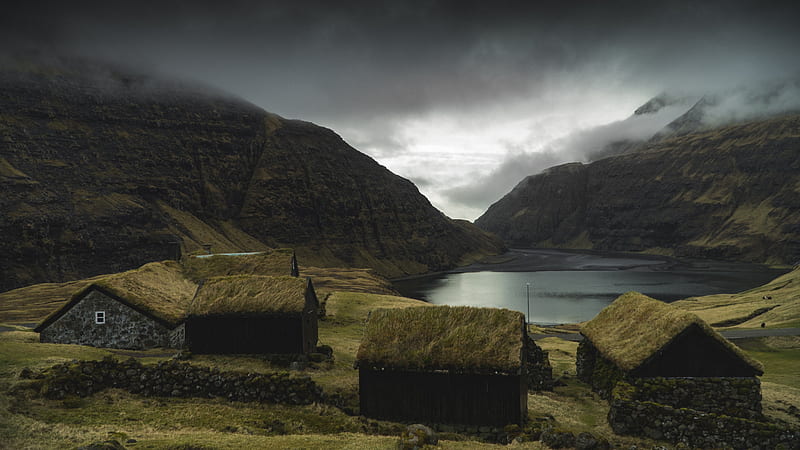 faroe islands, lake, small houses, dark weather, clouds, field, Landscape, HD wallpaper