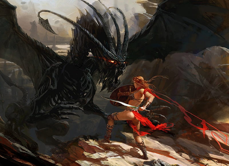 Fighting The Dragon, fighting, black, red head, dragon, woman, HD wallpaper