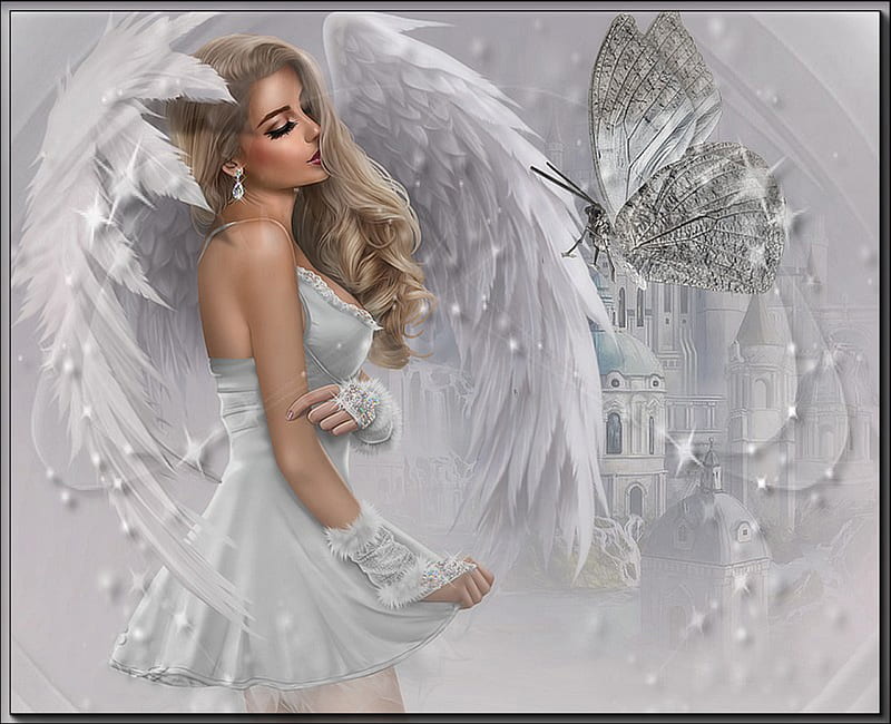 ANGEL & THE BUTTERFLY, FEMALE, BUTTERFLY, WINGS, ANGEL, SILVER, CASTLE, WHITE, HD wallpaper