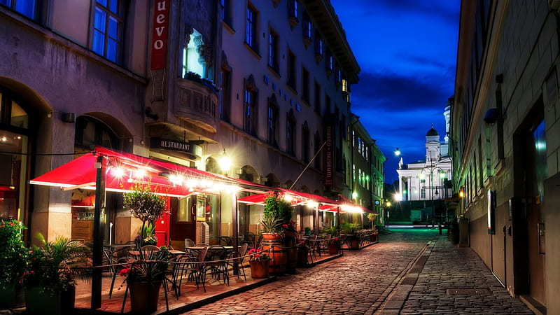 restaurant on a side street in helsinki, city, restaurant, street, lights, night, HD wallpaper