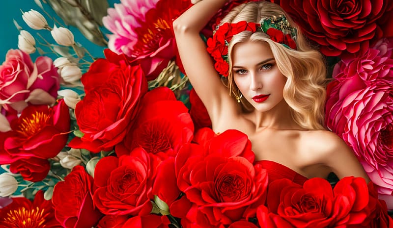 Red Passion, art, fantasy, red, , flowers, girl, woman, beautiful, lamamake art, digital, HD wallpaper