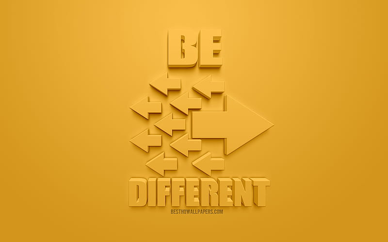 Be different, creative 3d art, yellow background, 3d arrows icons, be different concepts, HD wallpaper