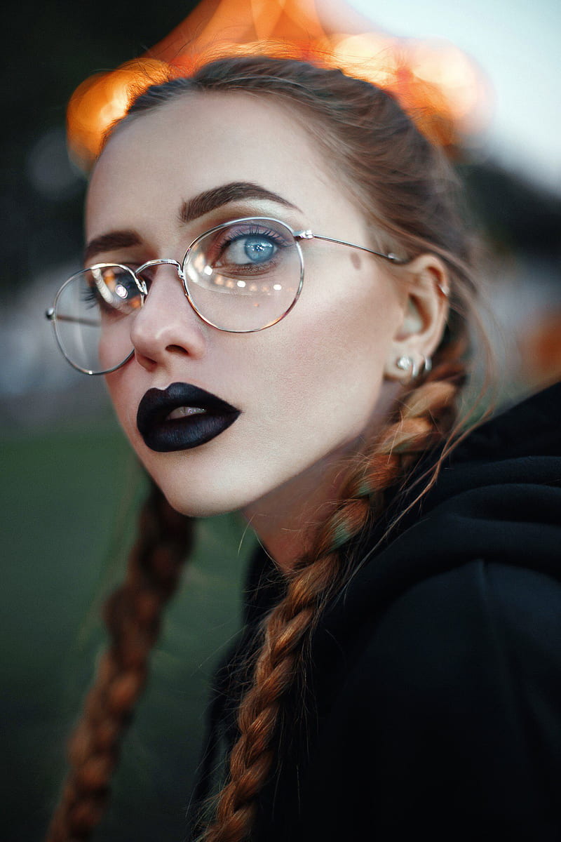 black lipstick, face, portrait, women, women with glasses, blue eyes, looking at viewer, HD phone wallpaper