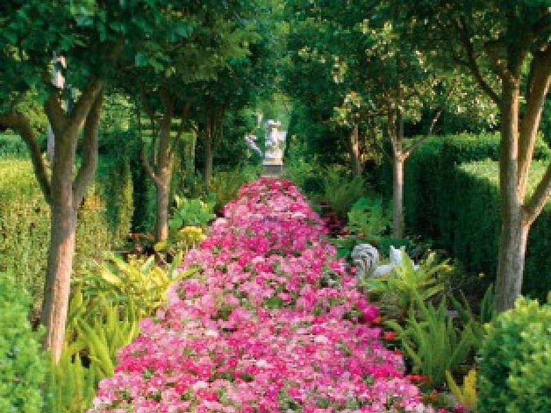 Floral Path, hedges, statues, flowers, garden, trees, HD wallpaper