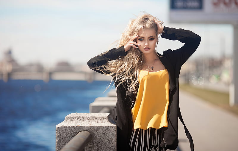 Blonde Black Open Coat Wind , blonde, girls, model, HD wallpaper