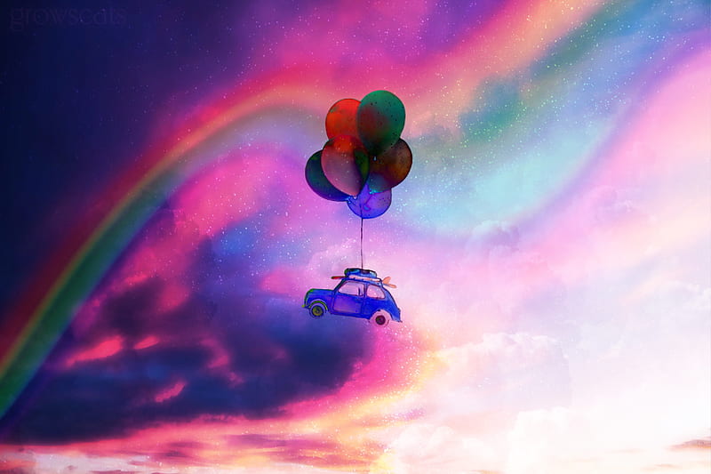 Fantasy , air, beetle, car, make believe, odd, rainbow, strange, up, vw, weird, HD wallpaper
