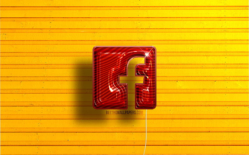 Facebook logo red realistic balloons, social network, Facebook 3D logo, yellow wooden backgrounds, Facebook, HD wallpaper