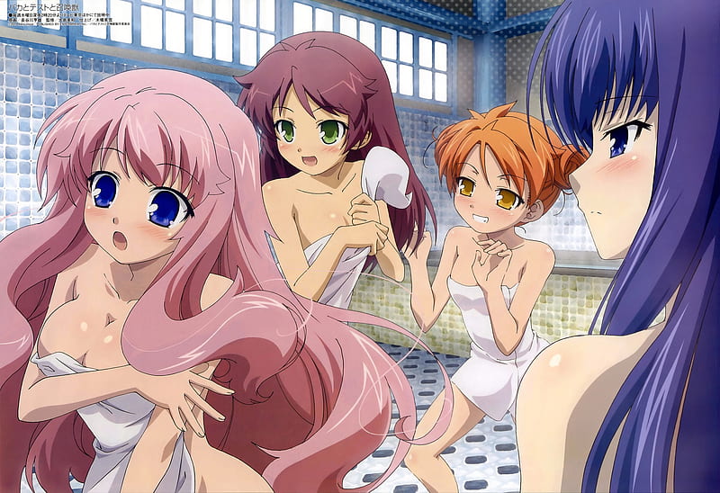 Baka to test to shokanju girls in bath , playing, female, anime girls, bath, towels, steam, smiling, cute, anime, blushing, hot, girls, HD wallpaper