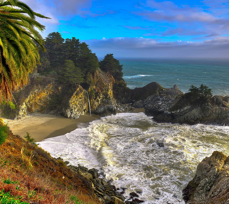 California, america, beach, ocean, rocks, sea, usa, waterfall, HD wallpaper