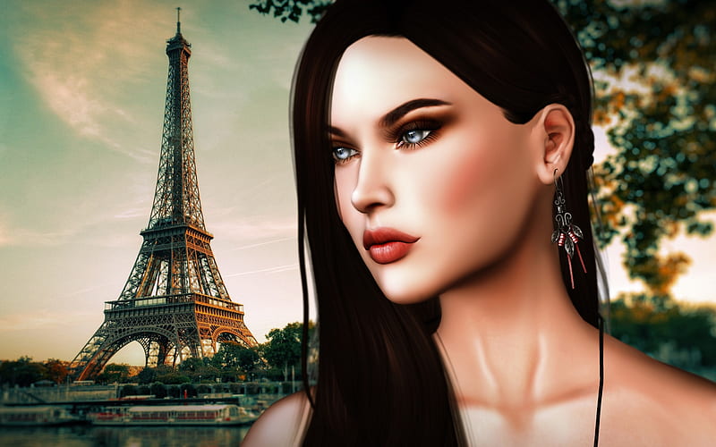Beauty, tower eiffel, luminos, girl, paris, rendering, face, woman, HD wallpaper