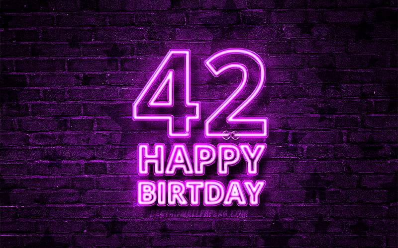 Happy 42 Years Birtay violet neon text, 42nd Birtay Party, violet brickwall, Happy 42nd birtay, Birtay concept, Birtay Party, 42nd Birtay, HD wallpaper