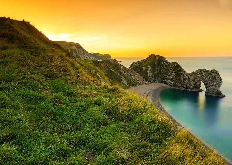 Grass, Sea, Ocean, , England, Durdle Door, Dorset, HD wallpaper