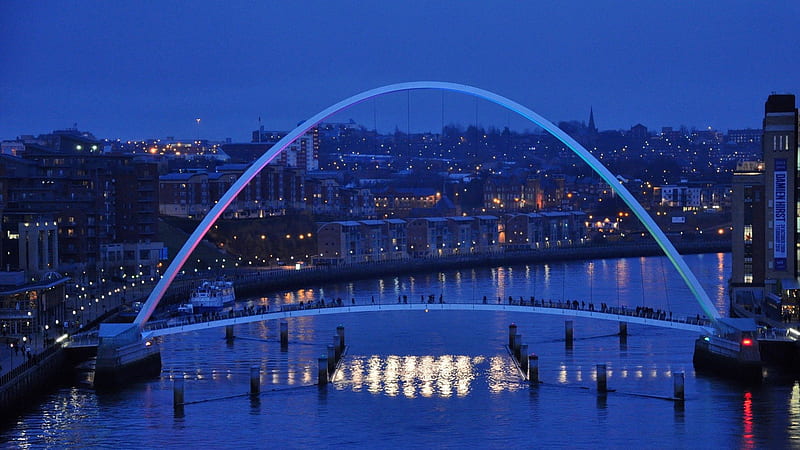 lovely millennium bridge in newcastle, modern, bridge, river, evening, lights, HD wallpaper