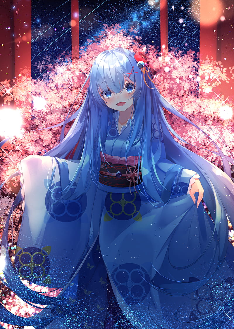 re zero, kimono, rem, shrine, torii, blue long hair, sakura blossom, Anime, HD phone wallpaper